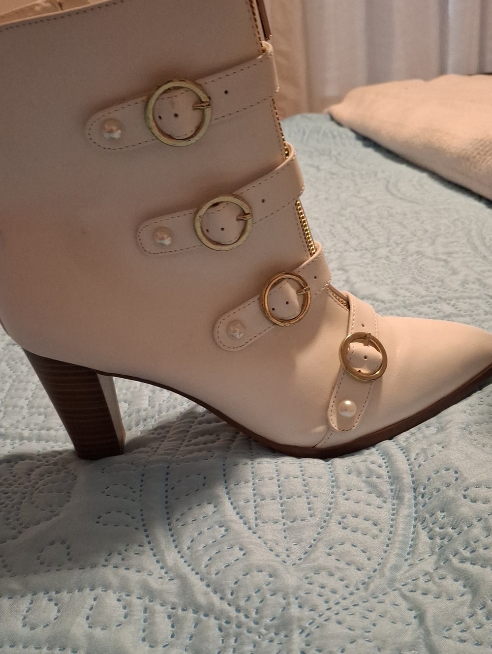 Penny Loves Kenny Ivory Heeled Ankle Boots with Gold Buckle Straps